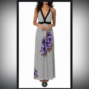 En Focus Studio Striped & Floral Halter Maxi Dress - Size 14